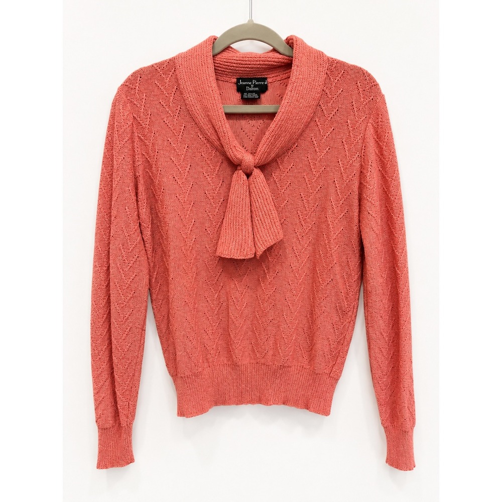James Kenrob Dalton Sweater Womens 14 Pink Pointelle Knit Vintage 90s‎ Tie Neck